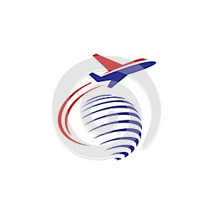 flying aeroplane over the world symbol concept. travel logo design vector illustration