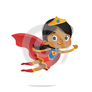 Flying African-American Girl wearing colorful costumes of superheroe, isolated on white background. Cartoon vector photo