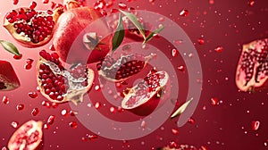 Flying in air fresh ripe whole and cut pomegranate with seeds and leaves isolated on pastel pink background