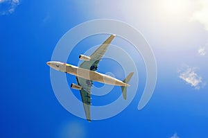 Flying aircraft in the blue sky