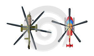 Flying Aircraft with Jet Engine and Propeller View from Above Vector Set