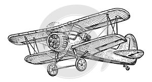 Flying aircraft. Retro plane. Hand sketch aviation in vintage engraving style. Vector illustration isolated