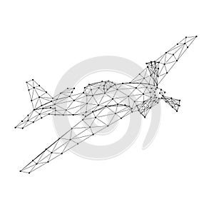 Flying aircraft, screw monoplane, from abstract futuristic polygonal black lines and dots. Vector illustration