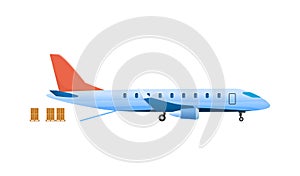 Flying airplane, airliner. Logistics, transportation, shipping, delivery services