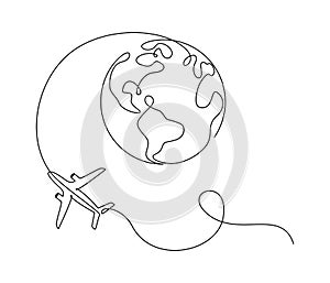 Flying Airplane around Earth globe in one Continuous line drawing. Concept of turism trip and travel. Simple vector