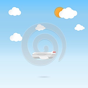 Flying airplane clouds and blue sky background