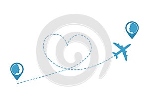 Flying airplane with a heart. Love concept.