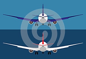 Flying airplane isolated, passenger plane rear view. Flat illustration.