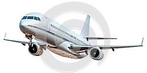 Flying airplane isolated on a white or transparent background. Close-up of a white airplane, side view. Concept of