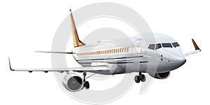 Flying airplane isolated on a white or transparent background. Close-up of a white airplane, side view. Concept of
