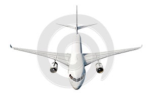 Flying airplane isolated on a white or transparent background. Close-up of a white airplane, top view. Concept of
