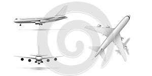 Flying airplane, jet aircraft or airliner. Detailed passenger air plane on white background.