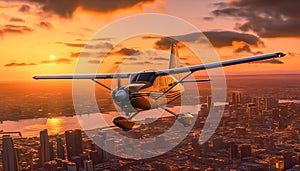 Flying airplane over cityscape at sunset, capturing aerial view of dusk generated by AI