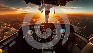Flying airplane over sunset sky, dashboard speedometer shows high speed generated by AI