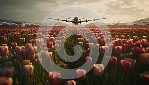 Flying airplane over vibrant meadow with tulips and multi colored flowers generated by AI
