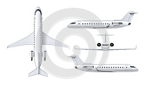 Flying airplane, regional jet aircraft, airliner. Top, front, side view of detailed passenger air plane.