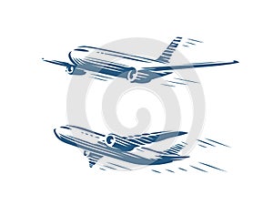 Flying airplane set. Takeoff plane, airline symbol. Travel concept vector illustration