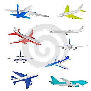 Flying airplanes, jet planes, airliners of different models, a detailed overview from different angles.