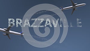 Flying airplanes trails and Brazzaville caption. Traveling to Republic of the Congo conceptual 3D rendering