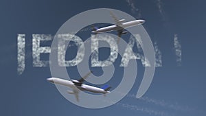 Flying airplanes trails and Jeddah caption. Traveling to Saudi Arabia conceptual 3D rendering