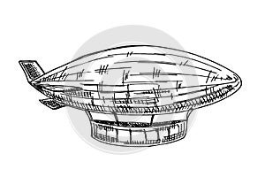Flying airship. Ink sketch of dirigible isolated on white background. Hand drawn vector illustration. Retro style. Old