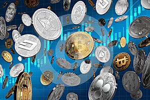 Flying altcoins with Bitcoin in the center as the leader. Bitcoin as most important cryptocurrency concept. 3D illustration photo