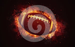 Flying american football ball in burning flames close up on dark brown background.