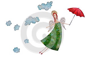 Flying angel with a red umbrella.
