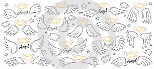 Angel wing and halo nimbus creative linear drawing with inscription isolated set on white background