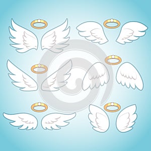 Flying angel wings with gold nimbus. Angelic wing cartoon set. Isolated Illustration of holy symbol collection