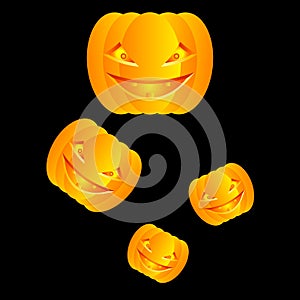 Flying angry and scary yellow pumpkins on a black background. Halloween theme. Isolated vector illustration.