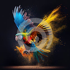 a flying ara parrot over colourful powder explosion in black background
