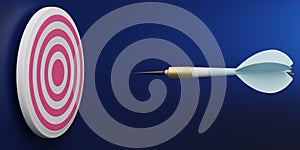 Flying arrow towards the target on blue background. 3d illustration. Banner. Concept for promotion, business, target