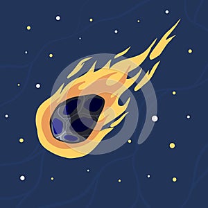 Flying asteroid, Burning comet on background of night sky