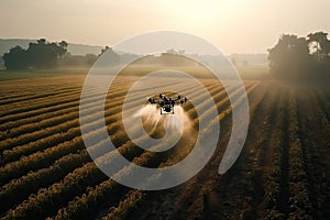 Flying Automate drone is spraying fertilizer on to farmer plant paddy field.