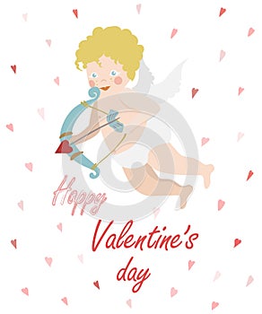 Flying baby Cupid with bow and arrow. Valentine's Day card, flyer or poster design. Vector flat illustration.