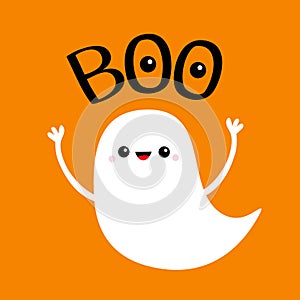 Flying baby ghost spirit. Boo text with eyes. Happy Halloween. Cute cartoon white scary spooky character. Smiling face, hands.