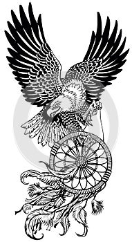 Flying bald eagle with a dream catcher. Black and white vector