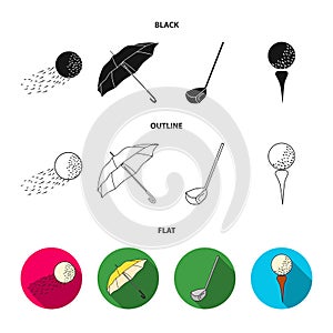 A flying ball, a yellow umbrella, a golf club, a ball on a stand. Golf Club set collection icons in black,flat,outline