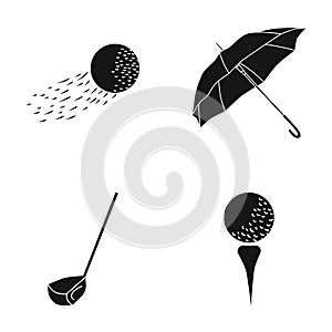 A flying ball, a yellow umbrella, a golf club, a ball on a stand. Golf Club set collection icons in black style vector