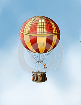 Flying balloon with wicker basket and equipment on cloudy sky