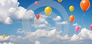 Flying balloons in a blue sky with clouds, A wide banner with copy space area