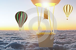 Flying baloons above clouds at sunset