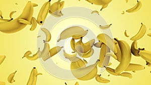 Flying of Bananas in Yellow Background. falling down bananas. Professional slow motion 4K 3d animation.