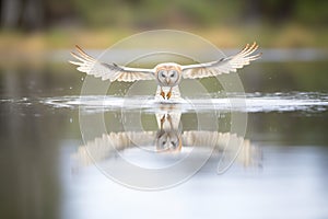 flying barn owl reflected on a calm pond