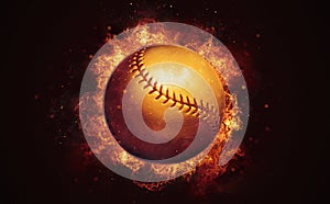 Flying baseball ball in burning flames close up on dark brown background.