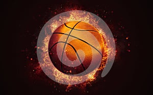 Flying basketball ball in burning flames close up on dark brown background.