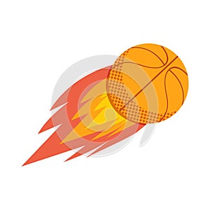 A flying Basketball ball leaves a trail of fire. Sports flat icon. Isolated object on white background. The symbol of basketball.