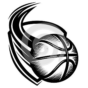 A flying basketball in front of the backboard. Vector monochrome illustration