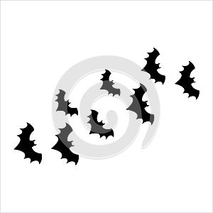 Flying bats group isolated on white background. Black night bat silhouettes. Halloween, horror, bat icon.